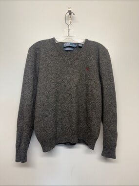 Polo by Ralph Lauren 100% Lambswool Dark Gray V-Neck Crew Sweater with Red Pony